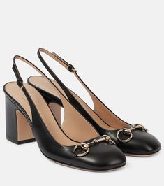 Horsebit leather slingback pumps in black - Gucci | Mytheresa Work Shoes Women, Shoes Gucci, Mid Heels Pumps, Gucci Horsebit, Designer Pumps, Sheepskin Boots, Kitten Heel Pumps, Women's Heels, Evening Shoes