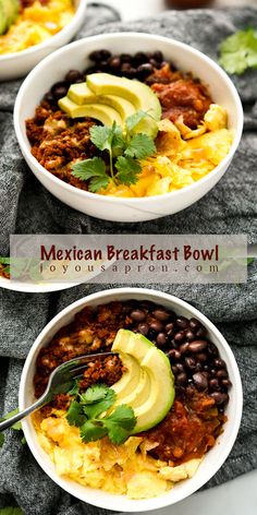 two bowls filled with mexican breakfast bowl