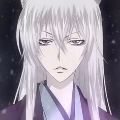 an anime character with long white hair and horns on her head, staring at the camera