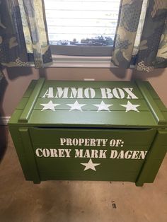 Ammo box for camo room Army Box Ideas, Army Theme Kids Room, Kids Army Bedroom, Camo Boys Room, Call Of Duty Bedroom Ideas, Army Themed Bedroom, Call Of Duty Room Ideas, Camo Bedroom Ideas For Boys, Camo Room Ideas For Boys