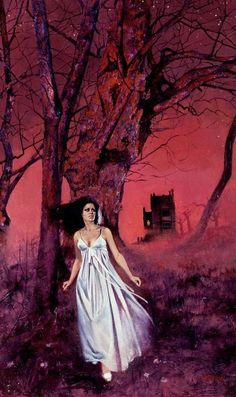 a painting of a woman in a white dress walking through the woods at sunset with her hair blowing in the wind