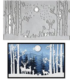 two christmas cards with deers and trees in the woods, one has a full moon