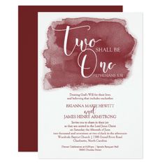 a red and white wedding card with the words, two shall be one on it