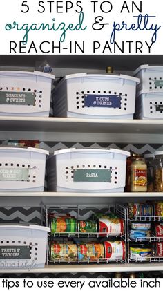 the pantry shelves are organized with plastic containers and bins for food, including canned goods