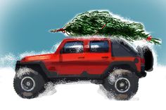 a red jeep with a christmas tree on top