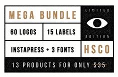 the mega bundle includes logos, labels and font options for each item in this package