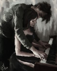 a man and woman are playing the piano