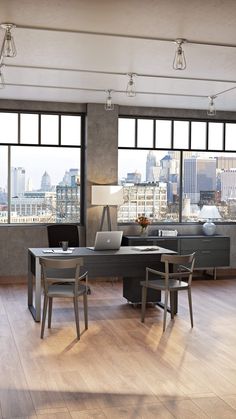 an office with two desks and chairs in front of large windows overlooking the city