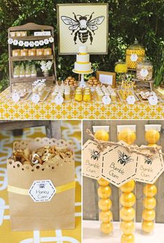 honey themed baby shower party with yellow and white decorations, desserts, and favors