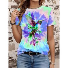 Season:Summer; Fabric:Polyester; Sleeve Length:Short Sleeve; Gender:Women's; Style:Hawaiian; Elasticity:Micro-elastic; Tops Type:T shirt Tee; Occasion:Vacation; Top Length:Regular; Pattern:Tie Dye,Bird; Neckline:Crew Neck; Brand:Shall We; Listing Date:03/29/2024; Bust:null; Length:null; Sleeve:null; Fit US Size:null; Fit UK Size:null; Fit EU Size:null Multicolor Hawaiian T-shirt For Summer, Casual Summer Tops With Random Print, Fitted Multicolor T-shirt For Summer, Casual Tops With Random Print For Summer, Spring Random Print Short Sleeve Tops, Multicolor Bohemian T-shirt For Beach, Green Bohemian T-shirt For Summer, Multicolor Sublimation Print Top For Summer, Summer Multicolor Sublimation Print Top