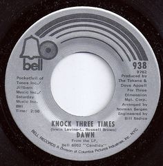 the label for knock three times by dawn, which is on a black record sleeve