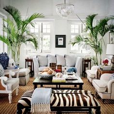 a living room filled with lots of furniture and plants on top of the tables in front of them