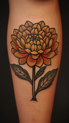 an orange flower with leaves on the side of a woman's leg, in color