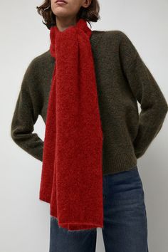 Lightweight scarf in a soft mohair wool blend. Perfect for staying cozy in the cooler months. Red Wool Scarf, Fall Scarves, Wide Jeans, Mohair Wool, Lightweight Scarf, Get The Look, Wool Blend, Wool, Red