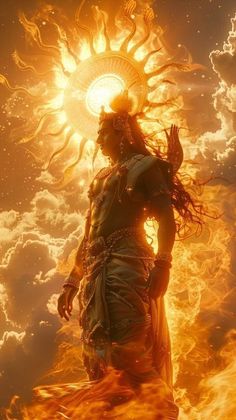 a person standing in front of a fire with clouds and sky behind them, while the sun shines brightly