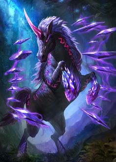 an image of a unicorn that is running in the forest with purple feathers on its back