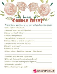 a printable question card with flowers and the words, who knows the couple best?