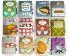 a collage of nine different cards with food and drinks on them, all in squares