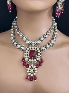 Ruby Premium Dual Tone uncut Polki Kundan Necklace/Sabyasachi/Indian/Bollywood/Celebrity/Fine Kundan Necklace/Pakistani/Punjabi/Statement Bollywood Style Necklaces For Eid, Silver Bollywood Bridal Necklace For Eid, Bollywood Bridal Necklace For Eid Ceremonial, Eid Bridal Necklace With Cutdana, Bollywood Style Tikka For Eid, Heavy Kundan Necklace For Eid, Eid Kundan Necklace With Intricate Design, Heavy Bollywood Bridal Necklace For Eid, Bollywood Heavy Bridal Necklace For Eid