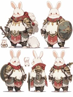 four different images of rabbits in armor