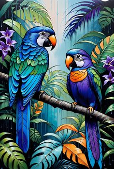 two colorful parrots sitting on a branch in front of tropical plants and flowers, painted with acrylic paint