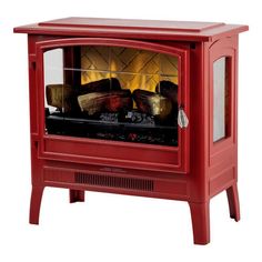 a red stove with an open door and fire in the front on a white background