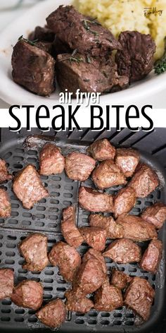 steak bites are cooking on the grill and then being cooked in the air fryer