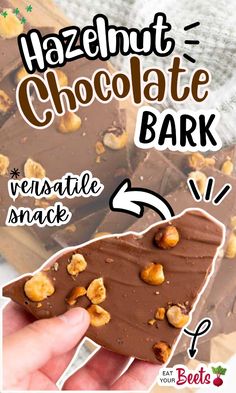 chocolate bark with walnuts on top and text overlay that reads hazelnut chocolate bark