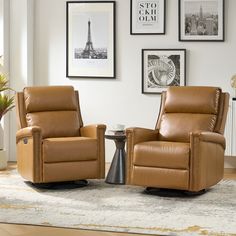 two brown recliners sitting next to each other on a rug