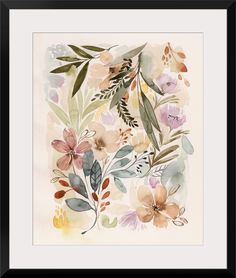 a watercolor painting with flowers and leaves on the bottom, framed in black frame