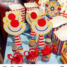 circus themed candy boxes and decorations on display at a carnival or birthday party for kids