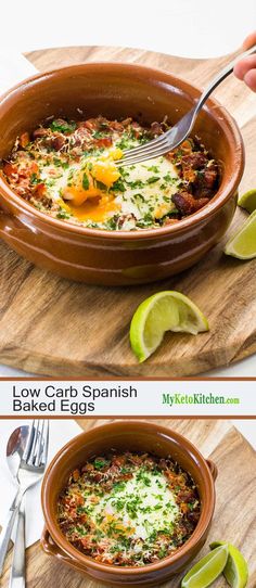 two pictures showing different types of food on wooden cutting boards with limes and forks