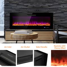 an electric fireplace with different lighting effects and color options for the fire, water or ice