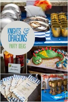 a collage of photos with some food and drinks on it, including dragon decorations