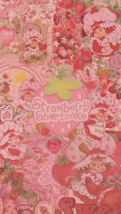 strawberry shortcakes wallpaper in pink and white with hearts, flowers, and other characters