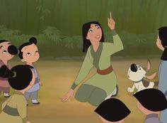 an animated image of a woman and children playing with a dog in front of bamboo trees