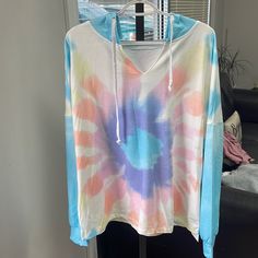 Tie-Dye Multicolor Hoodie With Drawstring Hood, Blue Summer Hoodie With Drawstring Hood, Acid Wash Hooded Top For Spring, Tie Dye Hoodie Sweatshirt For Spring, Spring Tie-dye Hoodie Sweatshirt, Spring Tie Dye Hoodie Sweatshirt, Tie-dye Tops With Drawstring Hood For Spring, Tie Dye Hooded Top For Spring, Tie Dye Top With Drawstring Hood For Spring