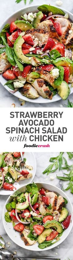 the recipe for strawberry avocado spinach salad is shown in two separate images