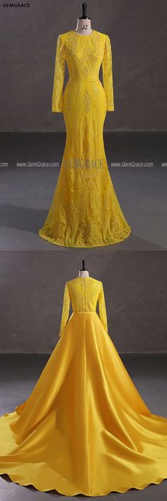 10% off now|Free shipping world-wide. Modest Yellow Long Sleeve Mermaid Formal Party Dress with Detachable Train at GemGrace. Click to learn our pro custom-made service for wedding dress, formal dress. View #BridalPartyDresses for more ideas. #uniquepromdresses Long Sleeve Mermaid Dress With Sweep Train For Evening, Long Sleeve Dress With Detachable Train, Long Sleeve Mermaid Dress For Wedding And Prom, Long Sleeve Mermaid Dress With Sweep Train For Banquet, Long Sleeve Mermaid Dress For Prom, Long Sleeve Mermaid Dress With Sweep Train For Prom, Yellow Party Gown With Sweep Train, Yellow Gown With Sweep Train For Party, Fitted Long Sleeve Gown With Detachable Train