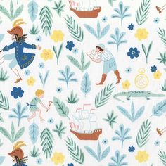 an image of children's fabric with animals and boats