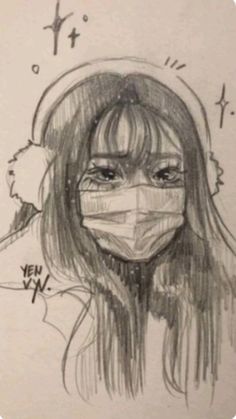 a drawing of a woman wearing a face mask