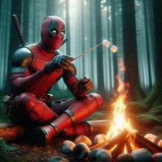 a deadpool character sitting in front of a campfire with marshmallows