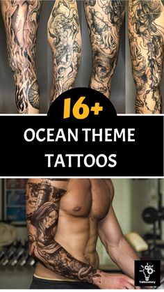 the top ten tattoo designs for men and women are shown in this collage with text overlays that reads 16 ocean theme tattoos