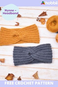 two crocheted headbands on top of each other with autumn leaves around them