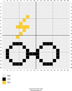 a cross stitch pattern with yellow squares and black dots on the bottom half of it