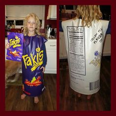 Taki chip bag DIY costume - materials: 1 yard purple vinyl, 1 yard white vinyl, yellow vinyl for letters, red vinyl.for takis, acrylic paint for flames, and black sharpie for ingredients and bar code details. Takis Halloween Costume, Sharpie Costume, Chip Bag Diy, Wedding Singer, Purple Vinyl