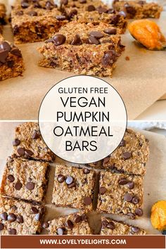 gluten free vegan pumpkin oatmeal bars with chocolate chips on top