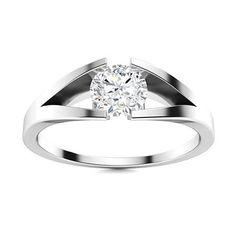 a white gold ring with a single diamond in the center, on a white background