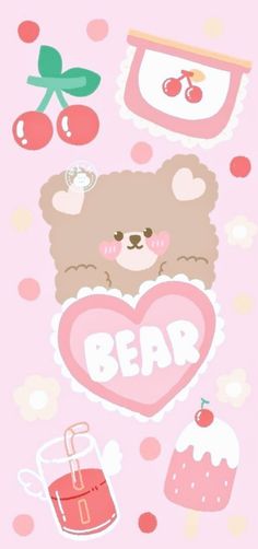 a pink background with various items that include bears, cherries and berries on it