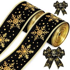 black and gold christmas ribbon with snowflakes on it, next to two bows